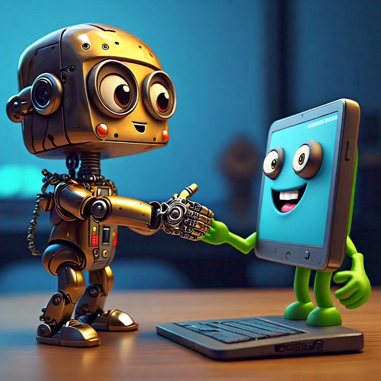 A happy robot shaking hands with a happy computer